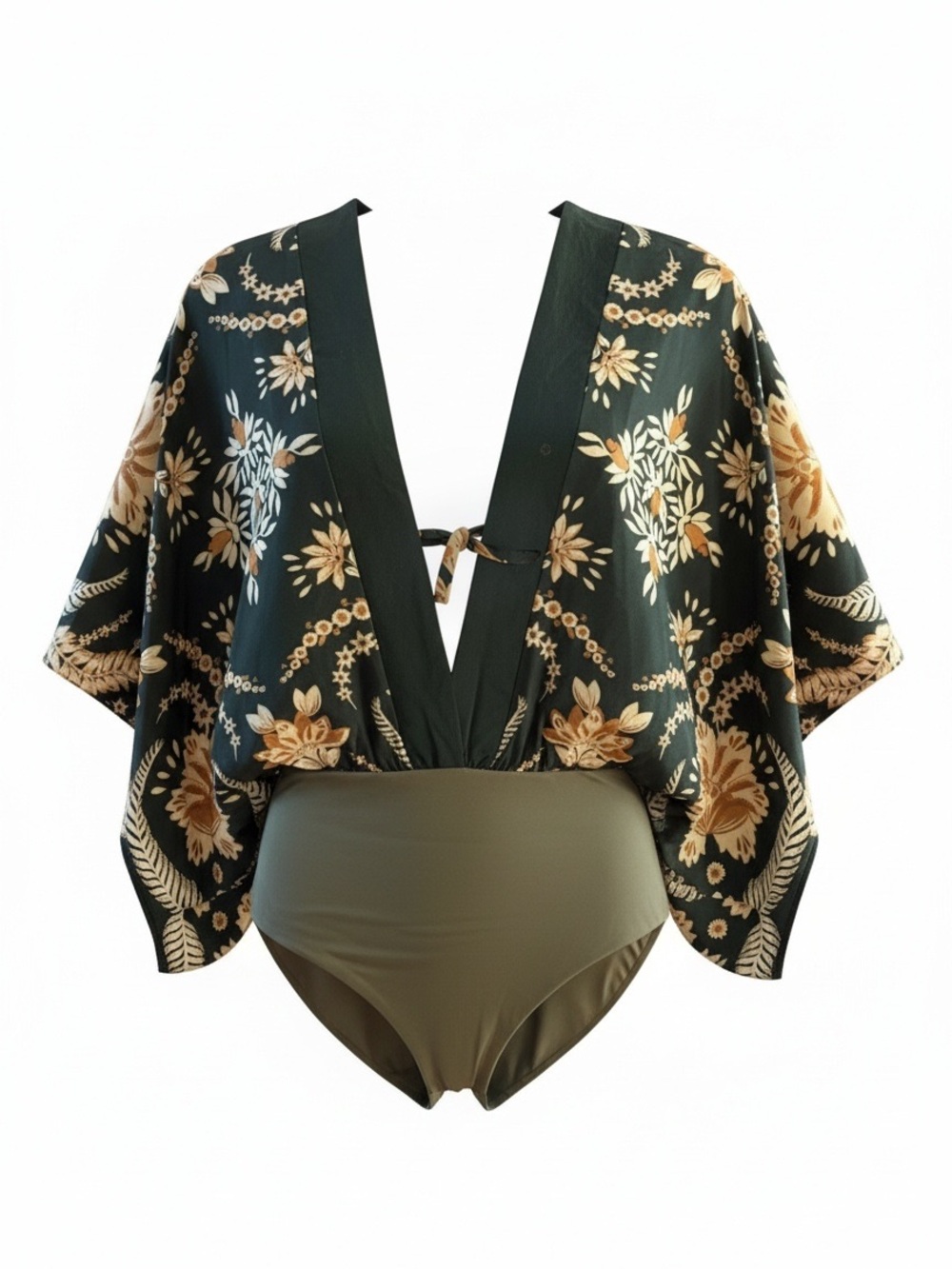 NWOT FARM RIO Deep V-Neck Green Floral Bodysuit with Blouson Sleeves